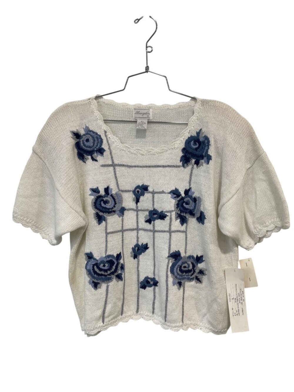 Vintage 90s Margules Knit Top Large Floral Embroidered White Cozy Deadstock NEW